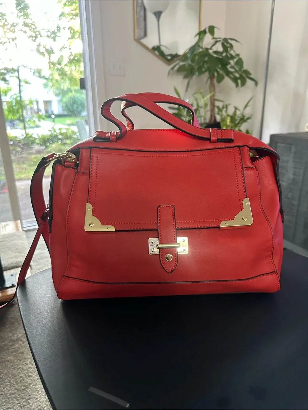 BCBGeneration Red Structured Top-Handle Satchel with Gold Hardware